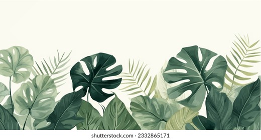 Follaje abstracto y fondo botánico. Papel de fondo verde de bosque tropical de hojas de monstera, hojas de palma, ramas dibujadas a mano. Plantas exóticas de fondo para carteles, huellas, decoración, arte mural.