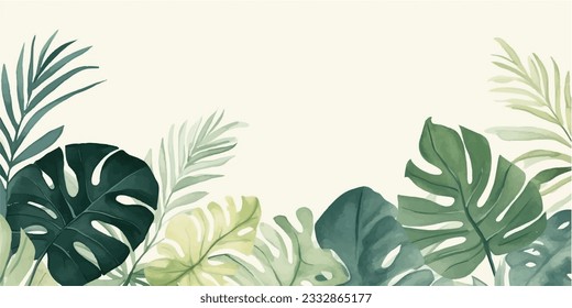 Abstract foliage and botanical background. Green tropical forest wallpaper of monstera leaves, palm leaf, branches in hand drawn pattern. Exotic plants background for banner, prints, decor, wall art.