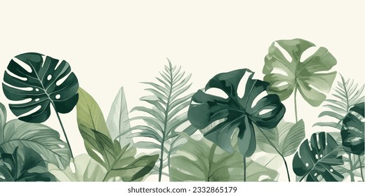 Abstract foliage and botanical background. Green tropical forest wallpaper of monstera leaves, palm leaf, branches in hand drawn pattern. Exotic plants background for banner, prints, decor, wall art.