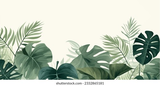 Abstract foliage and botanical background. Green tropical forest wallpaper of monstera leaves, palm leaf, branches in hand drawn pattern. Exotic plants background for banner, prints, decor, wall art.