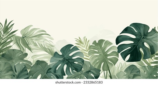 Follaje abstracto y fondo botánico. Papel de fondo verde de bosque tropical de hojas de monstera, hojas de palma, ramas dibujadas a mano. Plantas exóticas de fondo para carteles, huellas, decoración, arte mural.