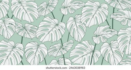 Abstract foliage and botanical background. Green tropical forest wallpaper made from hand drawn monstera leaves. Exotic plants background for banners, prints, decor, wall art.