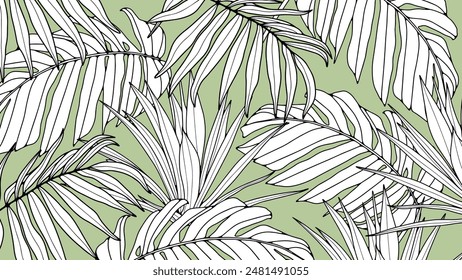 Abstract foliage and botanical background. Green tropical forest wallpaper of monstera leaves, palm leaf, branches in hand drawn pattern. Exotic plants background for banner, prints, decor, wall art.