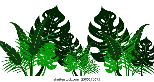 Abstract foliage and botanical background. Green tropical forest wallpaper of monstera leaves, palm leaf, branches in hand drawn pattern. Exotic plants