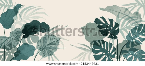 Abstract foliage and botanical background. Green\
tropical forest wallpaper of monstera leaves, palm leaf, branches\
in hand drawn pattern. Exotic plants background for banner, prints,\
decor, wall art.