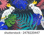 
Abstract foliage and botanical background. parrot, Green tropical jungle wallpaper monstera leaves, palm leaves, branches in pattern in flat style. vector Exotic plants.