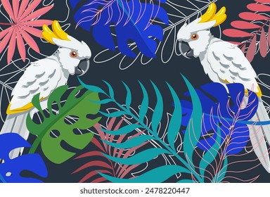 
Follaje Abstractas y fondo botánico. loro, hojas de Fondo de pantalla de la selva tropical verde, hojas de palma, ramas en patrón en estilo plano. Vector Plantas exóticas.