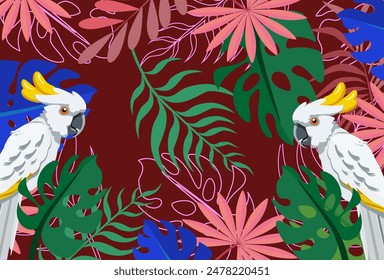 
Abstract foliage and botanical background. parrot, Green tropical jungle wallpaper monstera leaves, palm leaves, branches in pattern in flat style. vector Exotic plants.