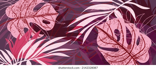 Abstract foliage and botanical background. Purple tropical wallpaper of palm, monstera leaves, branch and jungle. Exotic plants in summer on purple background for banner, prints, decor, wall art.