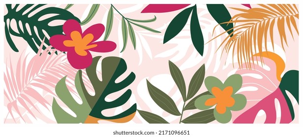 Abstract foliage and botanical background. Tropical forest wallpaper of monstera leaves, palm, branches, flowers in hand drawn pattern. Exotic plants background for banner, prints, decor, wall art.