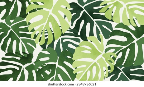 Abstract foliage botanical background vector. Green watercolor wallpaper of tropical plants, monstera, leaf branches, leaves. Foliage design for banner, prints, decor, wall art, decoration.