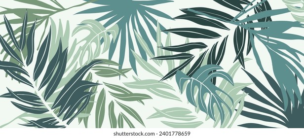 Abstract foliage botanical background vector. Green watercolor wallpaper of tropical plants, palm leaves, leaf branches. Foliage design for banner, prints, decor, wall art, decoration, fabric.