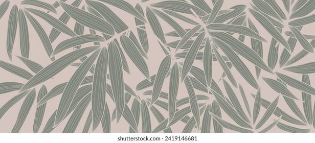 Resumen del vector de fondo botánico follaje. tapicería beige de plantas tropicales, ramas de hojas, hojas de palma, arte de línea. Diseño de follaje para carteles, huellas, decoración, arte de pared, decoración.