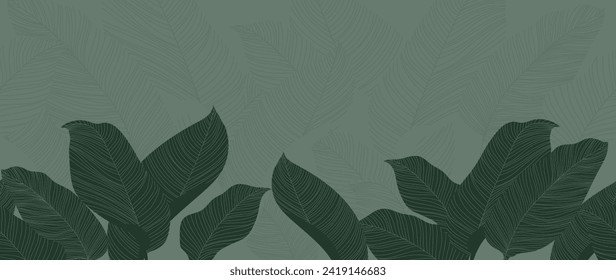 Abstract foliage botanical background vector. Green wallpaper of tropical plants, leaf branches, leaves, line art. Foliage design for banner, prints, decor, wall art, decoration.