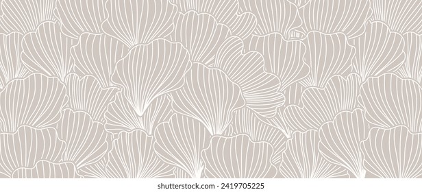 Resumen del vector de fondo botánico follaje. Papel pintado beige de plantas tropicales, ramas de hojas, hojas de palma, líneas de arte. Diseño de follaje para banner, impresiones, decoración, arte mural, decoración