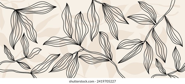 Abstract foliage botanical background vector. Beige wallpaper of tropical plants, leaf branches, palm leaves, line art. Foliage design for banner, prints, decor, wall art, decoration