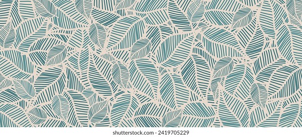 Abstract foliage botanical background vector. Beige wallpaper of tropical plants, leaf branches, palm leaves, green line art. Foliage design for banner, prints, decor, wall art, decoration