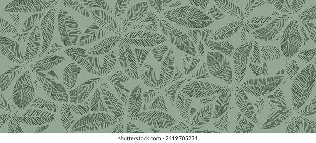Abstract foliage botanical background vector. Green wallpaper of tropical plants, leaf branches, palm leaves, green line art. Foliage design for banner, prints, decor, wall art, decoration