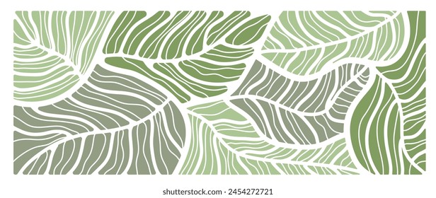 Abstract foliage botanical background vector. Green color wallpaper of tropical plants, leaf branches, leaves. Foliage design for banner, prints, decor, wall art, decoration.