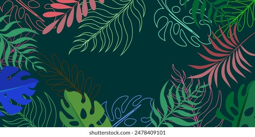 Abstract foliage and botanical background.Green tropical jungle wallpaper monstera leaves, palm leaves, branches in pattern in flat style. vector Exotic plants.