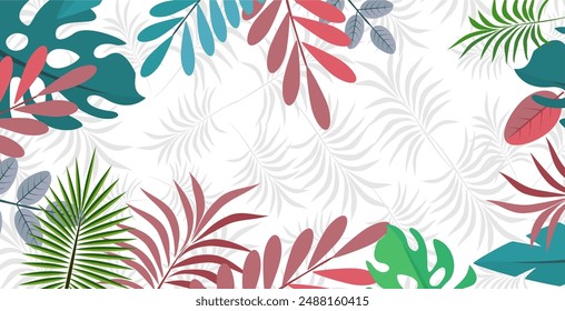 Abstract foliage and botanical background.Green tropical jungle wallpaper monstera leaves, palm leaves, branches in pattern in flat style. vector Exotic plants.
