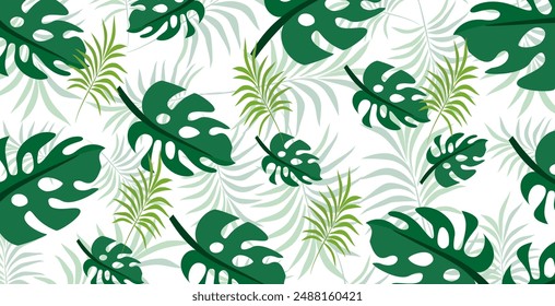 Abstract foliage and botanical background.Green tropical jungle wallpaper monstera leaves, palm leaves, branches in pattern in flat style. vector Exotic plants.