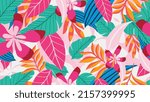 Abstract foliage botanical seamless background. Colorful wallpaper of tropical plants, flowers, floral, leaf branches. Foliage of exotic plants in summer for banner, prints, decor, wall art.