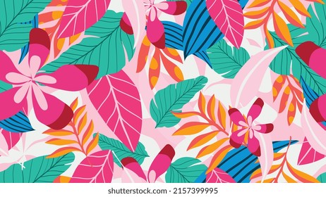 Abstract foliage botanical seamless background. Colorful wallpaper of tropical plants, flowers, floral, leaf branches. Foliage of exotic plants in summer for banner, prints, decor, wall art.