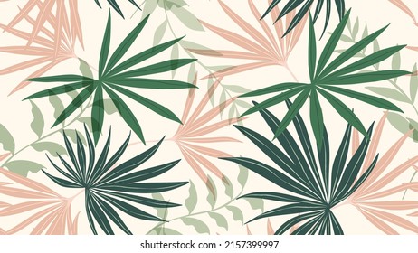 Resumen del fondo botánico de follaje sin costuras. Papel verde de monstera, palma, hojas de plátano, ramas, plantas tropicales. Plantas exóticas en la jungla de verano para carteles, huellas, decoración, arte mural.