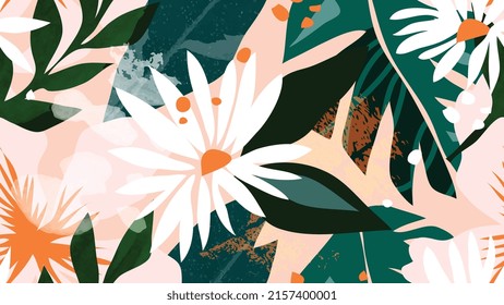 Abstract foliage botanical seamless background. Green wallpaper of tropical plants, flowers, floral, leaf branches. Foliage of exotic plants in summer for banner, prints, decor, wall art.