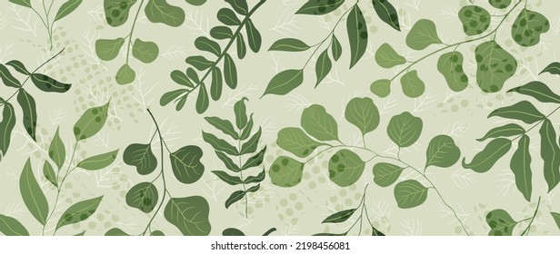 Abstract foliage botanical seamless background. Green wallpaper of tropical plants, leaf branches, foliage, eucalyptus. Foliage seamless design for banner, prints, decor, wall art, decoration.