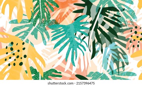 Abstract foliage botanical vector background. Colorful wallpaper of monstera, palm, banana leaves, branches, tropical plants. Exotic plants in summer jungle for banner, prints, decor, wall art, cover.