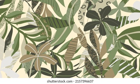 Abstract foliage botanical vector background. Green wallpaper of monstera, palm, banana leaves, branches, tropical plants. Exotic plants in summer jungle for banner, prints, decor, wall art, cover.