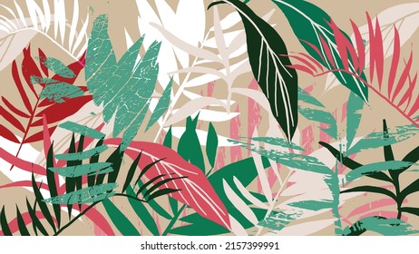 Abstract foliage botanical vector background. Colorful wallpaper of monstera, palm, banana leaves, branches, tropical plants. Exotic plants in summer jungle for banner, prints, decor, wall art, cover.