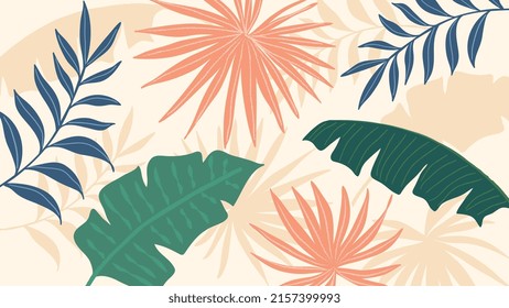 Abstract foliage botanical vector background. Colorful wallpaper of monstera, palm, banana leaves, branches, tropical plants. Exotic plants in summer jungle for banner, prints, decor, wall art, cover.