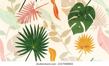 Resumen del fondo del vector botánico follaje. Papel colorido de monstera, palma, hojas de plátano, ramas, plantas tropicales. Plantas exóticas en la jungla de verano para carteles, huellas, decoración, arte mural, cubierta.