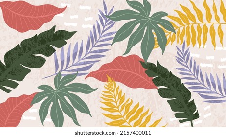 Abstract foliage botanical vector background. Colorful wallpaper of monstera, palm, banana leaves, branches, tropical plants. Exotic plants in summer jungle for banner, prints, decor, wall art, cover.