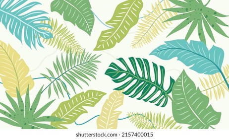 Resumen del fondo del vector botánico follaje. Papel verde de monstera, palma, hojas de plátano, ramas, plantas tropicales. Plantas exóticas en la jungla de verano para carteles, huellas, decoración, arte mural, cubierta.