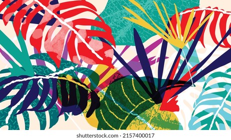 Abstract foliage botanical vector background. Colorful wallpaper of monstera, palm, banana leaves, branches, tropical plants. Exotic plants in summer jungle for banner, prints, decor, wall art.