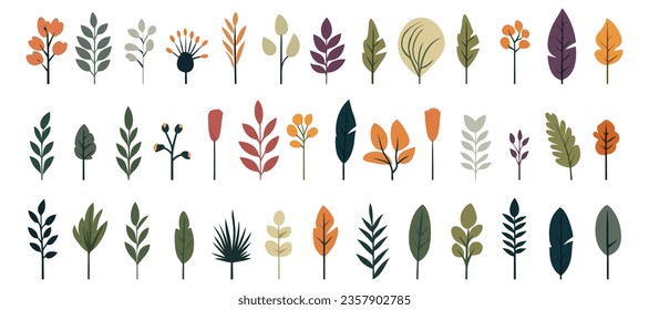 Abstract foliage collection. Botanical futuristic elements in flat style isolated on white background. Vector illustration