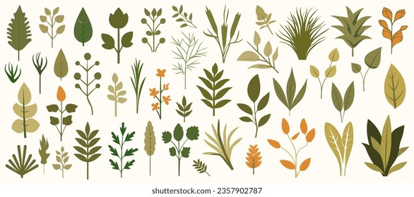 Abstract foliage collection. Botanical futuristic elements in flat style isolated on white background. Vector illustration