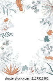 Abstract foliage frame, plant leaves flat vector illustration. Herbal collection banner template. Beautiful scandinavian style floral background design.