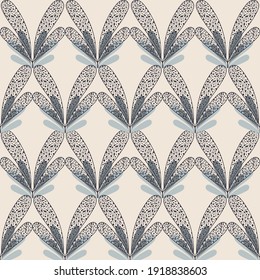 Abstract foliage in gentile and soft beige and grey blue colour in geometrical overlapping composition.