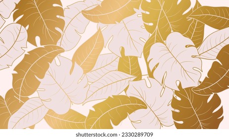 Abstract foliage gold texture vector background. Luxury leaf wallpaper of tropical leaves, monstera, plants in hand drawn pattern. Botanical jungle illustrated for banner, prints, decoration, fabric.