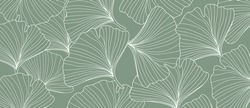 Abstract foliage line art vector background. Leaf wallpaper of tropical leaves, ginkgo leaf, plants in hand drawn pattern on green.