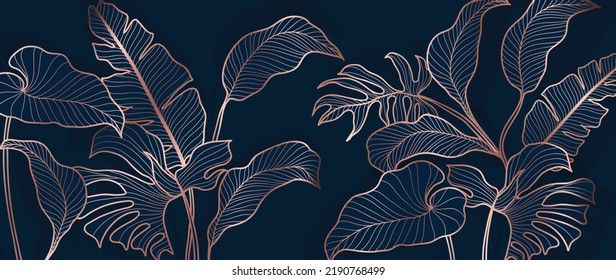 Resumen del fondo vectorial de la línea folicular. Papel dorado de lujo de hojas tropicales azules, monstera en patrón dibujado a mano. Elegante línea de arte de la jungla de verano para banner, huellas, decoración, tela.