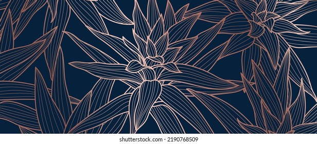 Abstract foliage line art vector background. Luxury gold wallpaper of blue tropical leaves and tree in hand drawn pattern. Elegant line art of summer jungle for banner, prints, decoration, fabric.