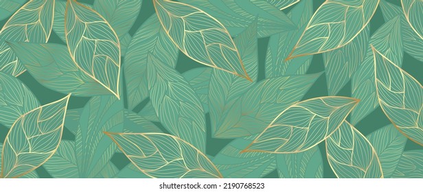 Abstract foliage line art vector background. Luxury gold wallpaper of green tropical leaves, plants in hand drawn pattern. Elegant line art of summer jungle for banner, prints, decoration, fabric.