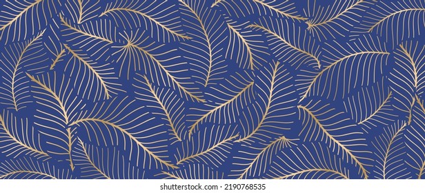 Abstract foliage line art vector background. Luxury gold wallpaper of blue tropical leaves and tree in hand drawn pattern. Elegant line art of summer jungle for banner, prints, decoration, fabric.