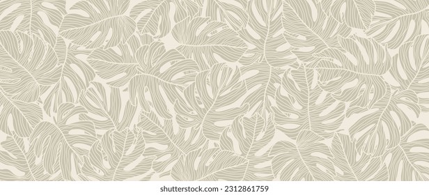 Abstract foliage line art vector background. Leaf wallpaper of monstera leaves, leaf branch, plants in hand drawn pattern. Botanical jungle illustrated for banner, prints, decoration, fabric.